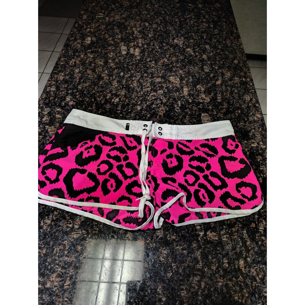 Ocean Pacific OP Pink Black Leopard Print Board Shorts Swim Trunks Women L 11-13